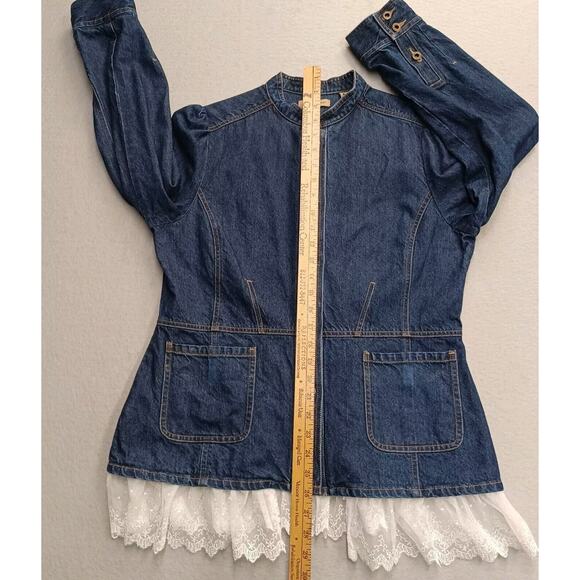 Small Size 14 Jean Jacket Lace Trim Button Up I.E Relaxed Dark Denim - Picture 6 of 10